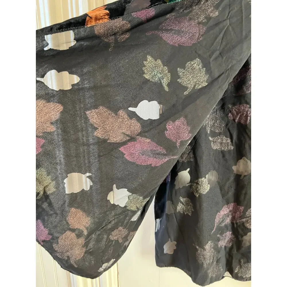 Burnt Velvet Colorful Leaf Print rectangular Scarf Black